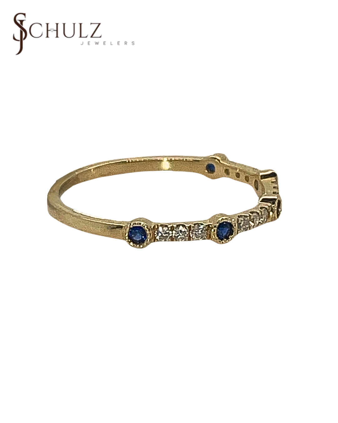 Blue Sapphire & Diamond Bezel Set Yellow Gold Stackable Band