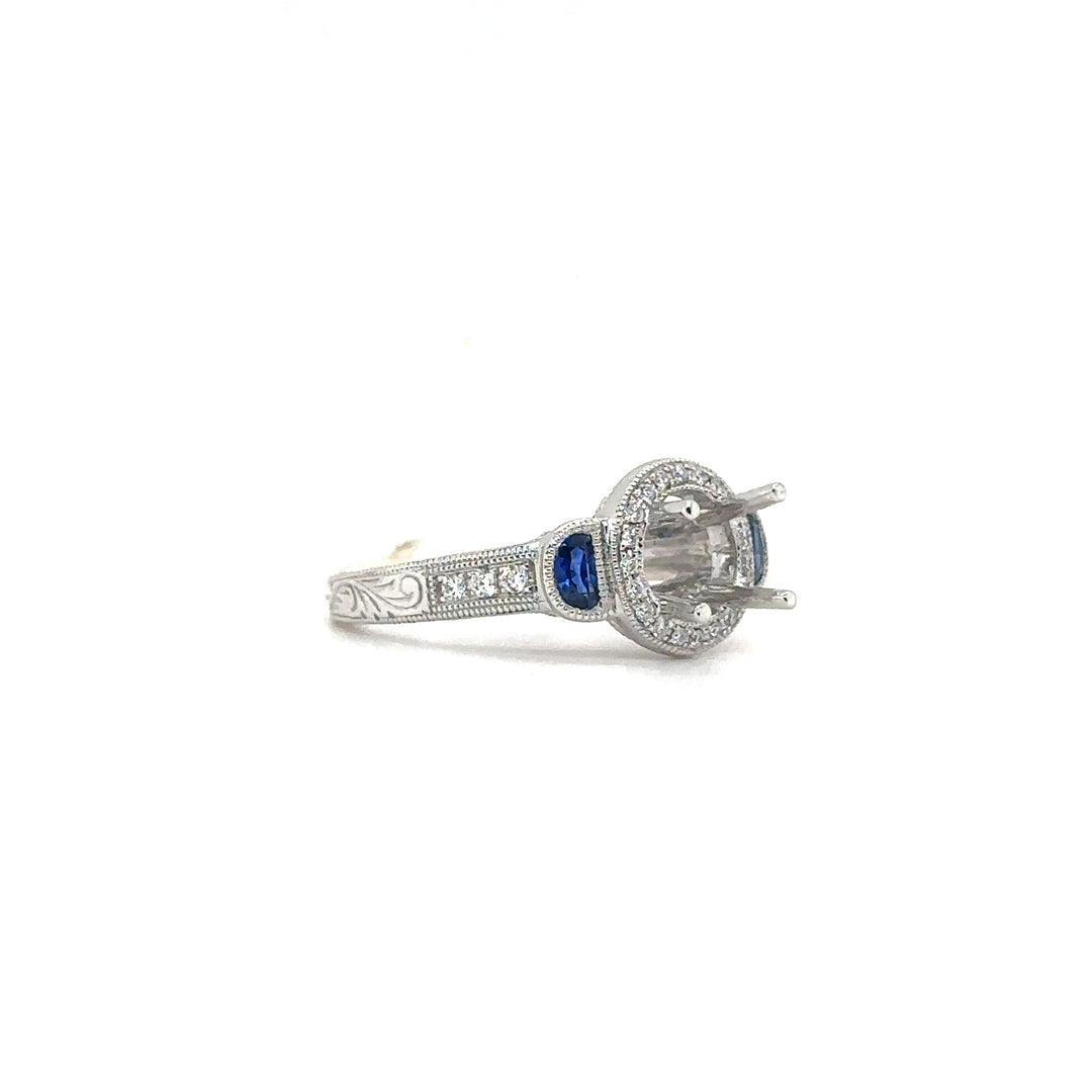 White Gold Diamond Halo with Sapphire Semi-Mount Ring