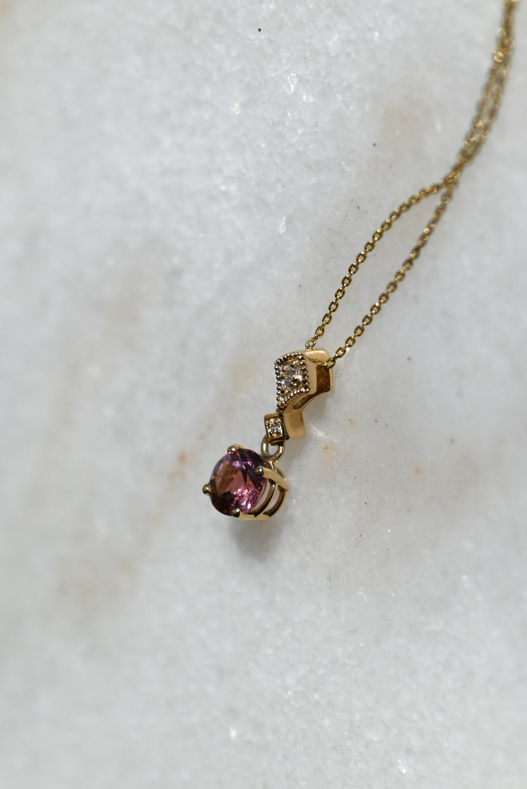 Pink Sapphire & Diamond Yellow Gold Drop Pendant