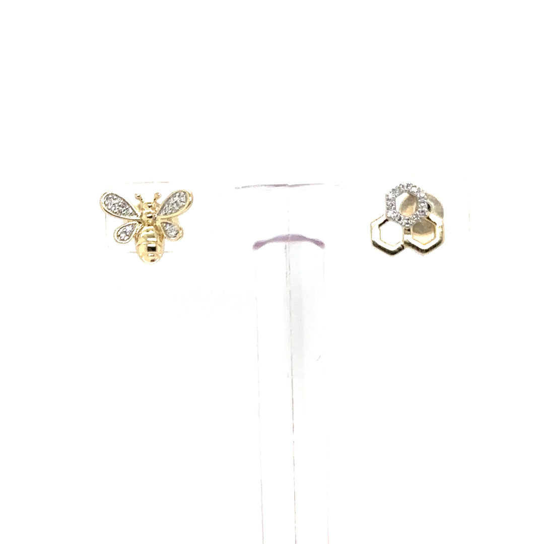 A-Symmetrical Yellow Gold Honey Bee and Honey Comb Diamond Studs