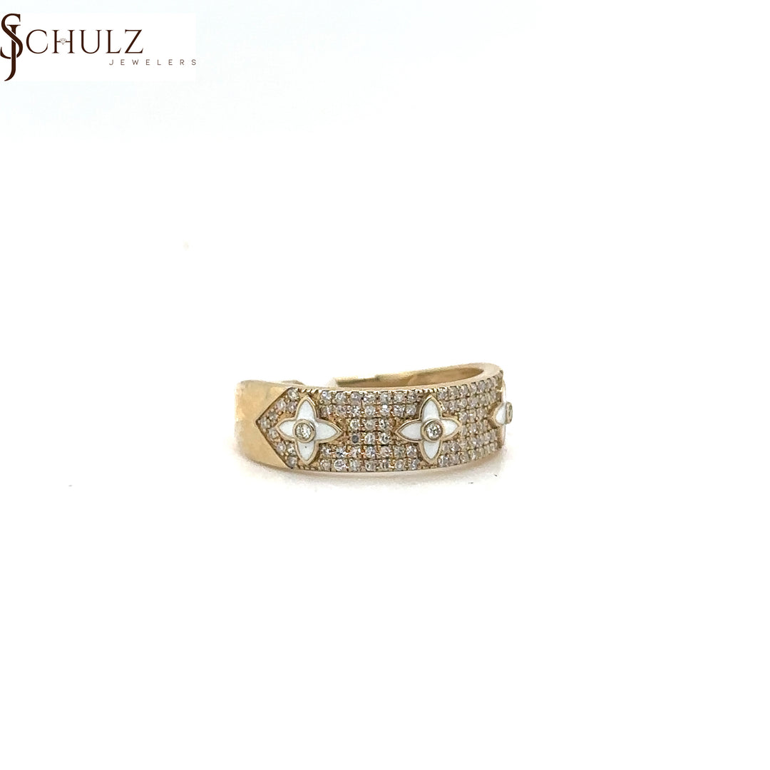Yellow Gold White Enamel Clover Diamond Fashion Ring