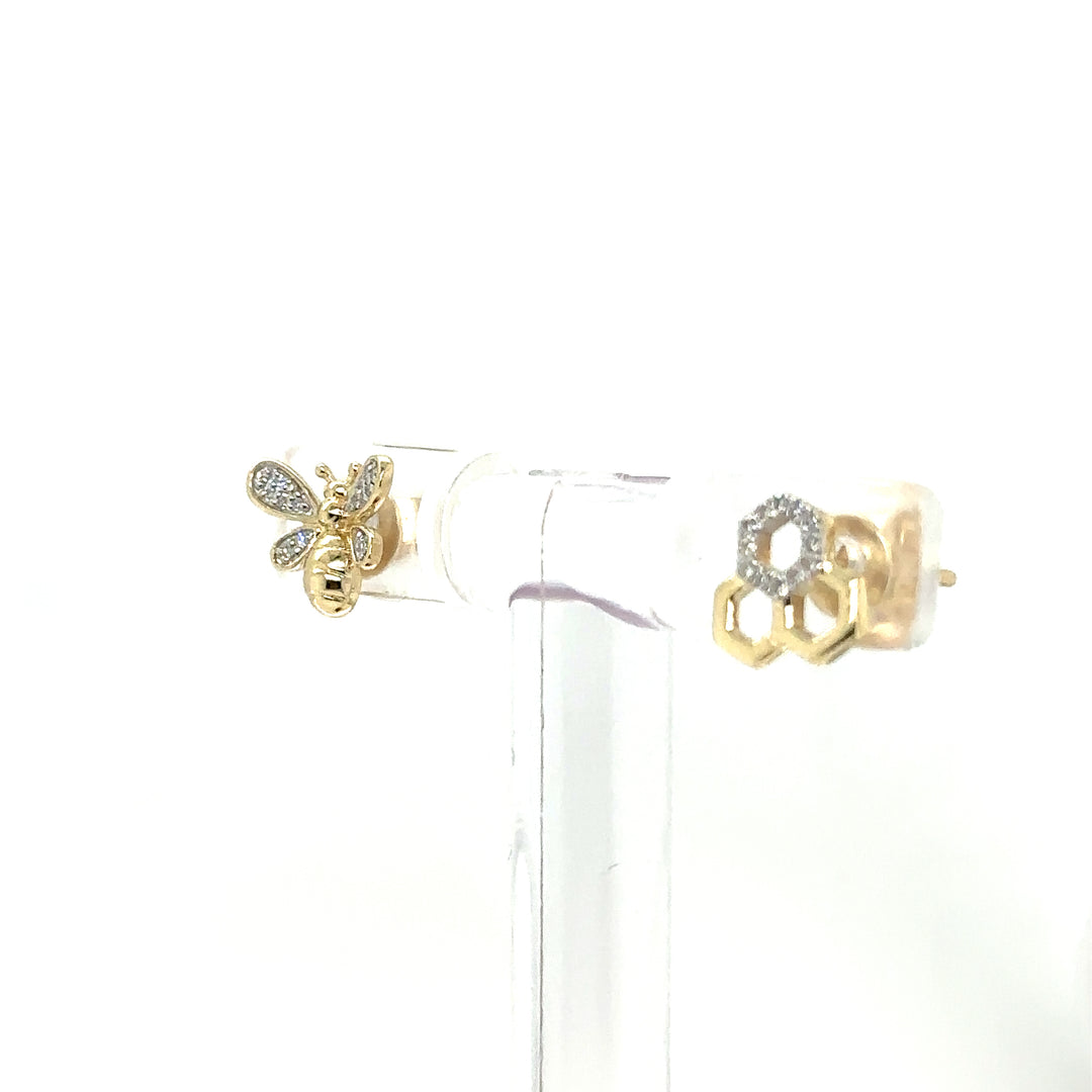 A-Symmetrical Yellow Gold Honey Bee and Honey Comb Diamond Studs