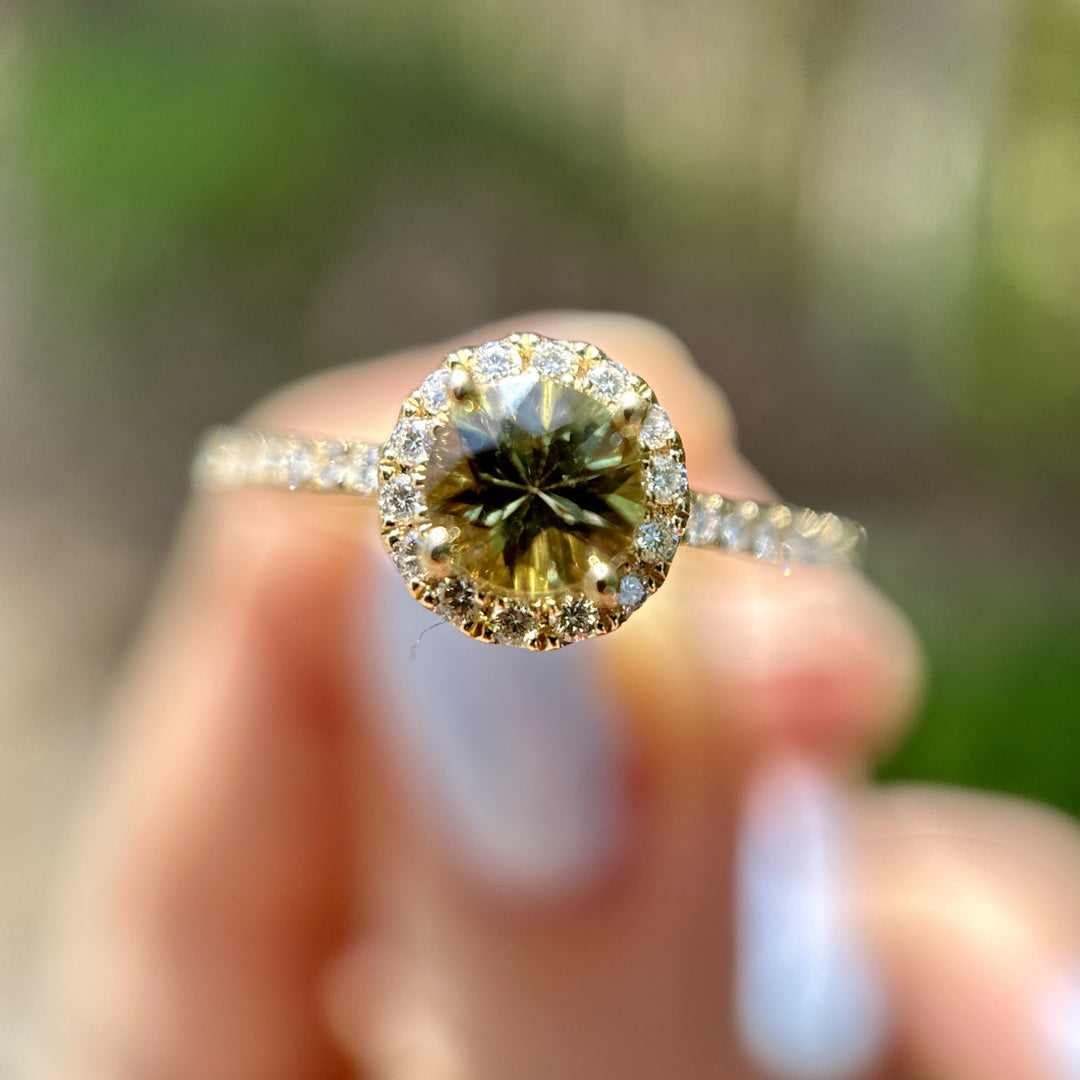 Alexandrite & Diamond Halo Yellow Gold Round Ring