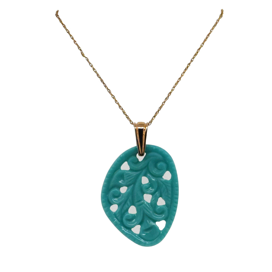 Hand Carved Turquoise Pendant with Gold Chain