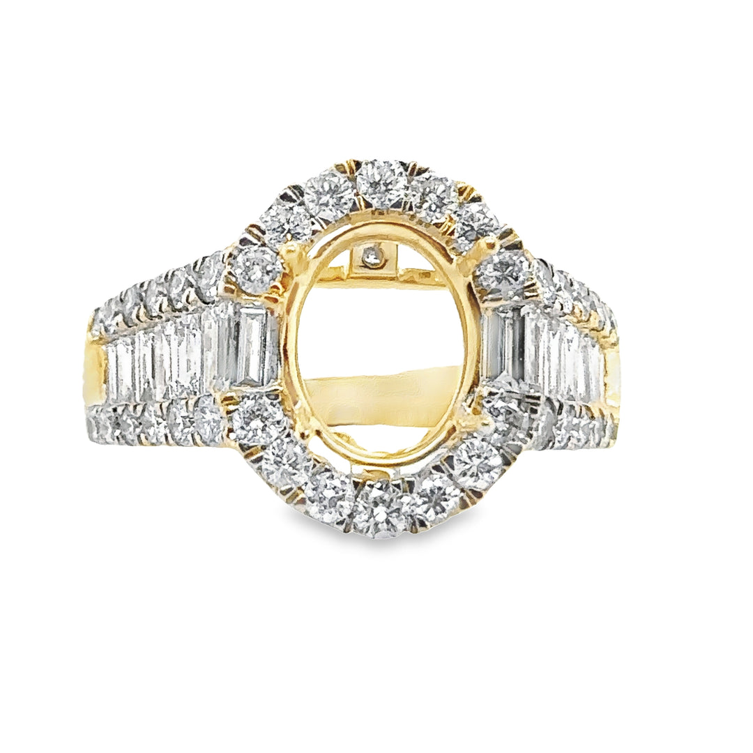 Yellow Gold Diamond Halo with Baguettes Semi-Mount Ring
