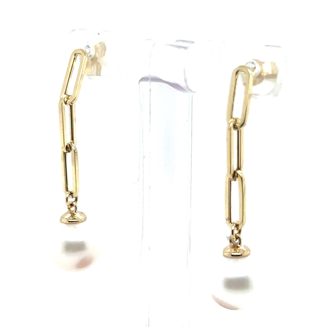 Pearl Yellow Gold Paperclip stud Earrings