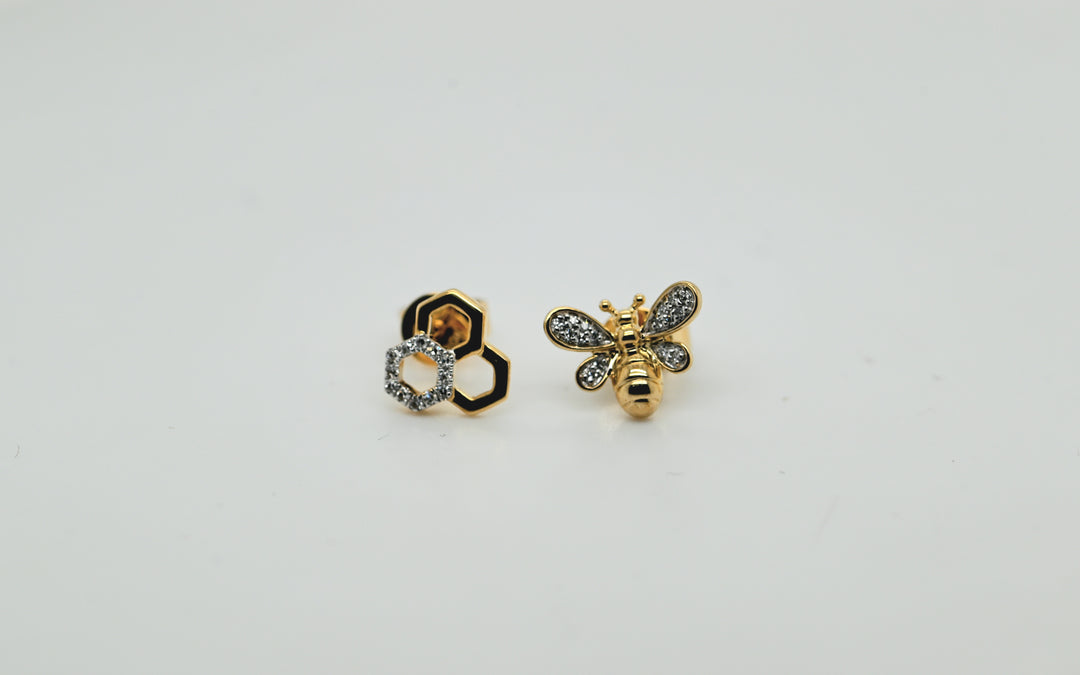 A-Symmetrical Yellow Gold Honey Bee and Honey Comb Diamond Studs