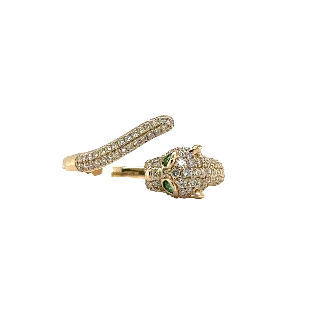 Yellow Gold Diamond Panther Ring with Emerald Eyes