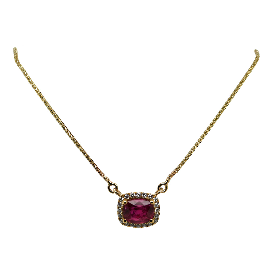 Burmese Ruby with Diamond Halo Pendant and Chain