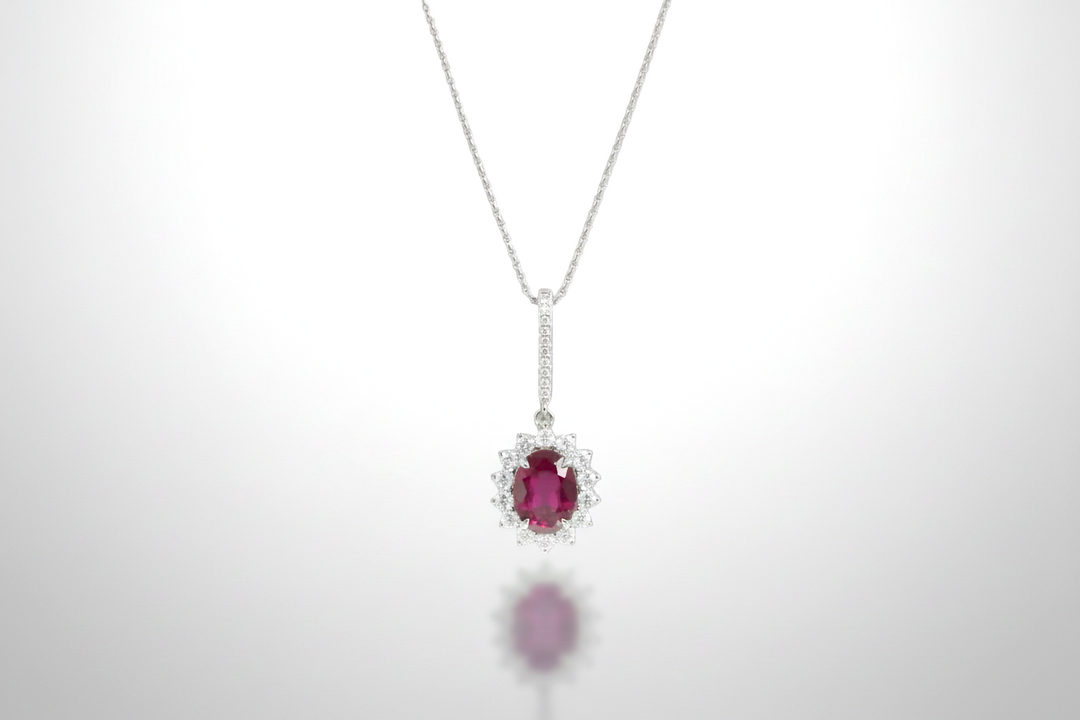 Ruby & Diamond Halo White Gold Pendant
