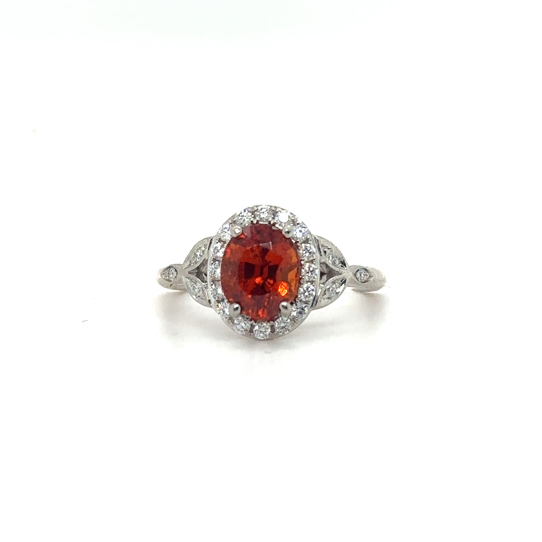 Spessartine Garnet & Diamond Halo White Gold Ring