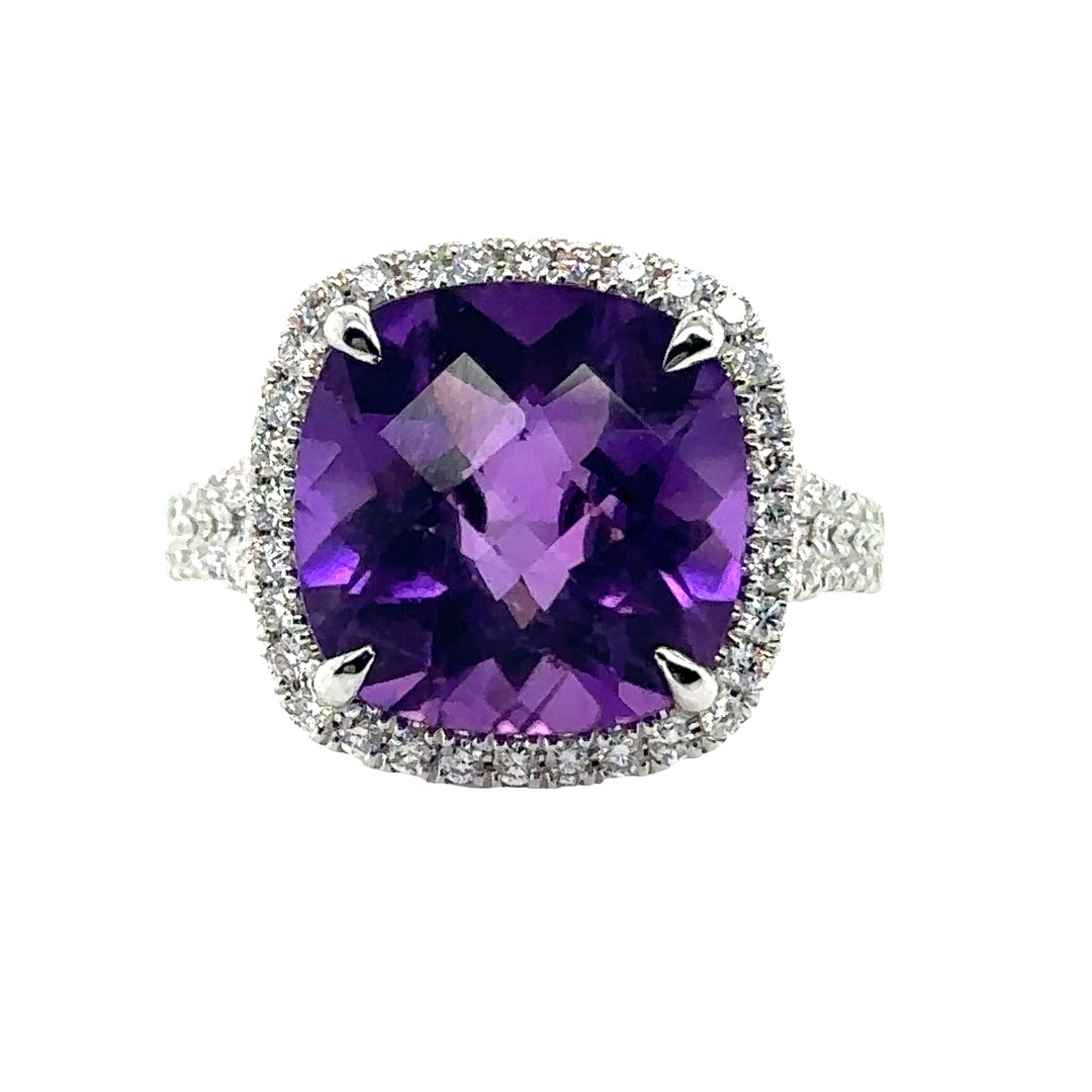 18K White Gold Amethyst with Diamond Halo and Split Shank