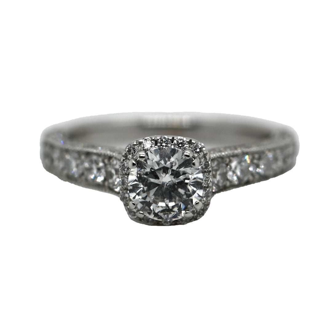 Round Brilliant Cut Diamond with Cushion Halo White Gold Ring