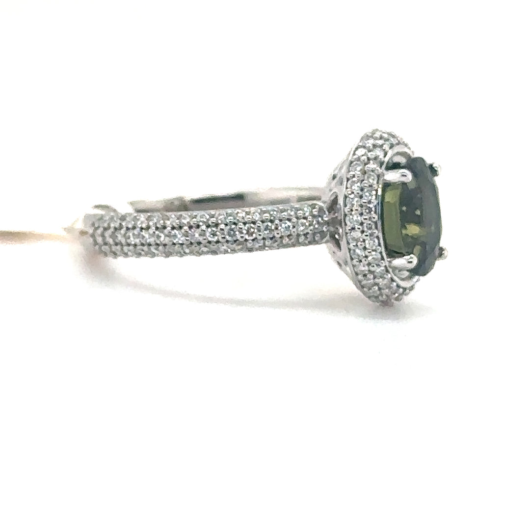 Green Sapphire & Diamond Halo White Gold Ring