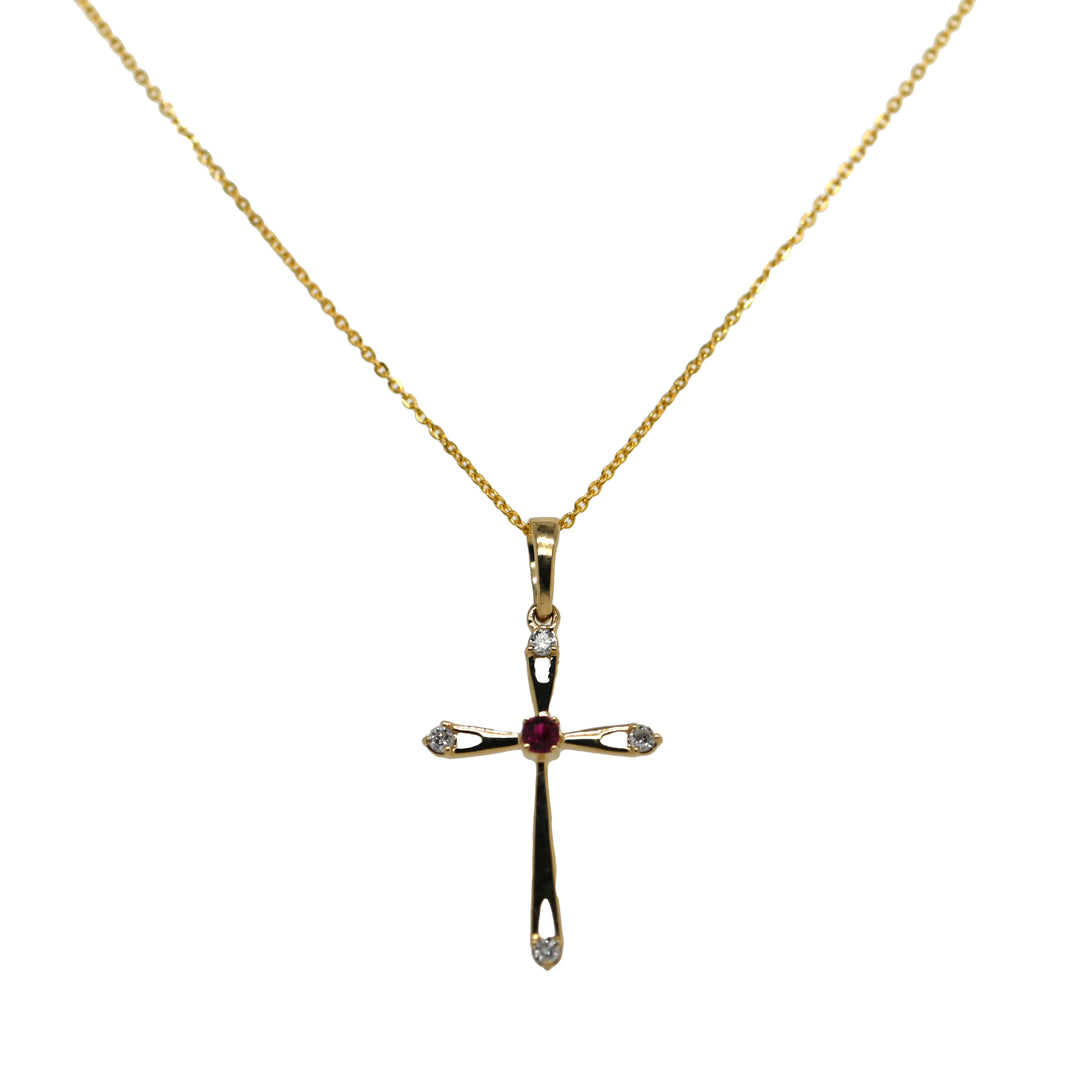 Ruby & Diamond Yellow Gold Cross Pendant with Adjustable Rolo Chain