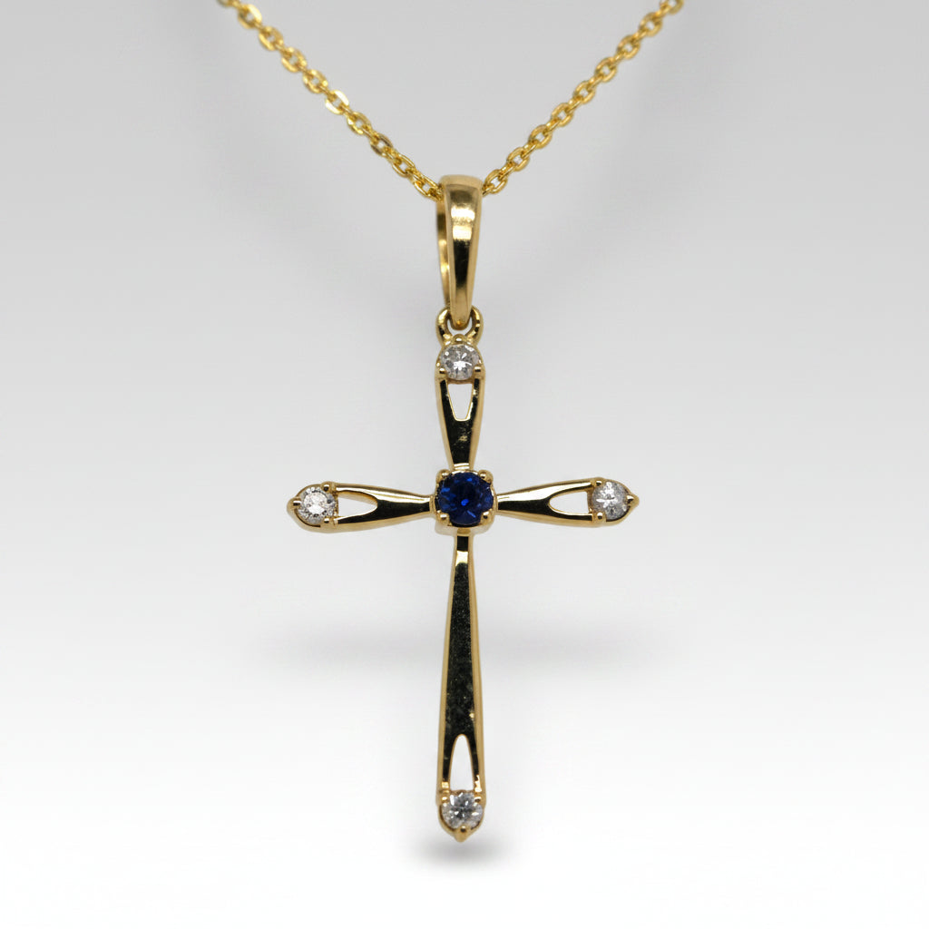 Blue Sapphire & Diamond Yellow Gold Cross Pendant with Adjustable Rolo Chain