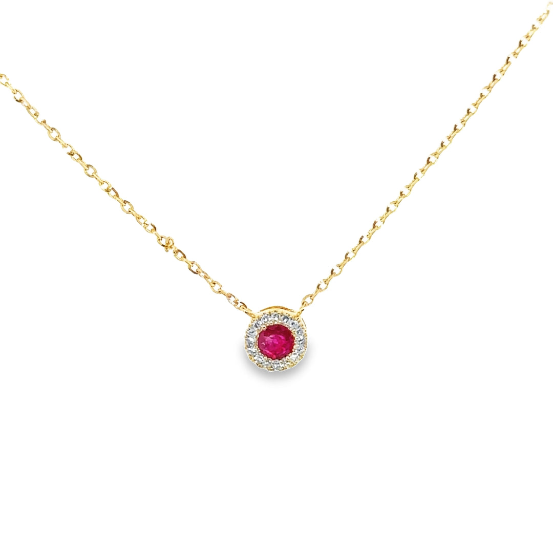 Ruby& Diamond Halo Yellow Gold Necklace