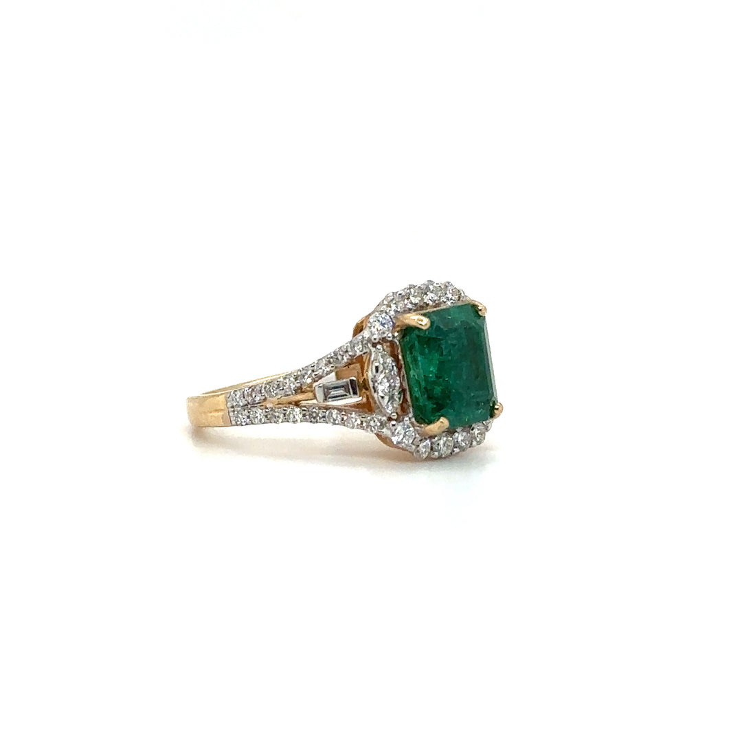 Emerald & Diamond Halo Yellow Gold Ring