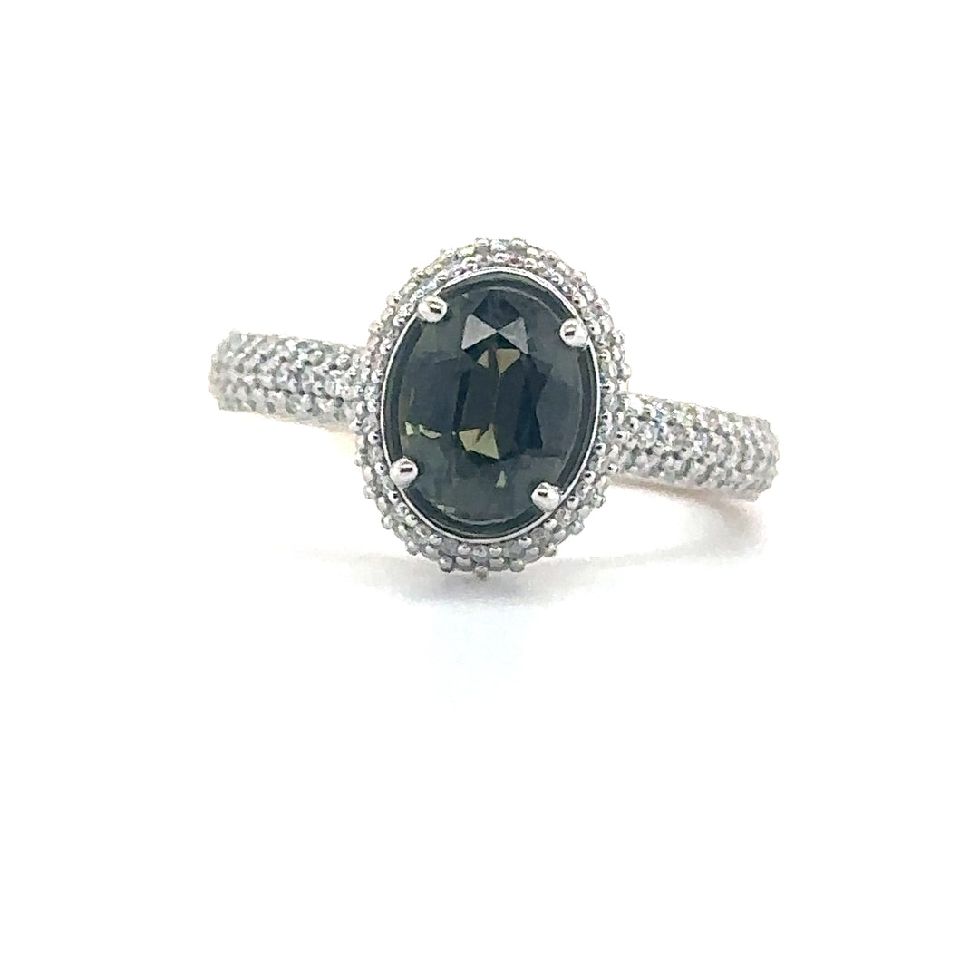 Green Sapphire & Diamond Halo White Gold Ring