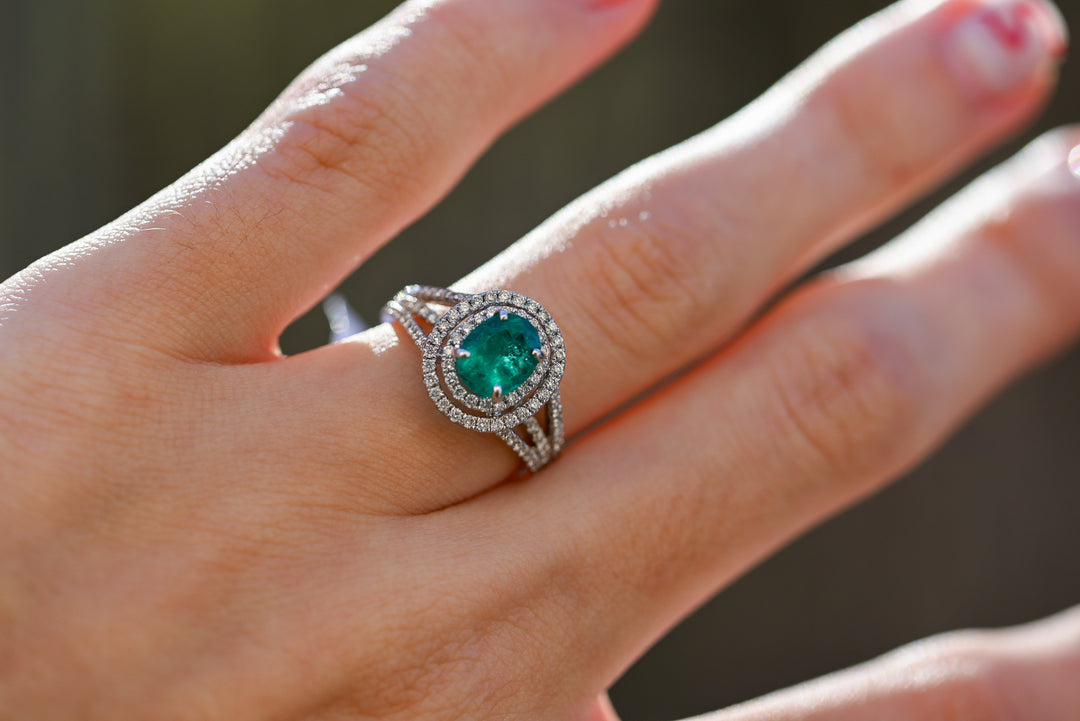 Emerald & Diamond Oval Double Halo Ring
