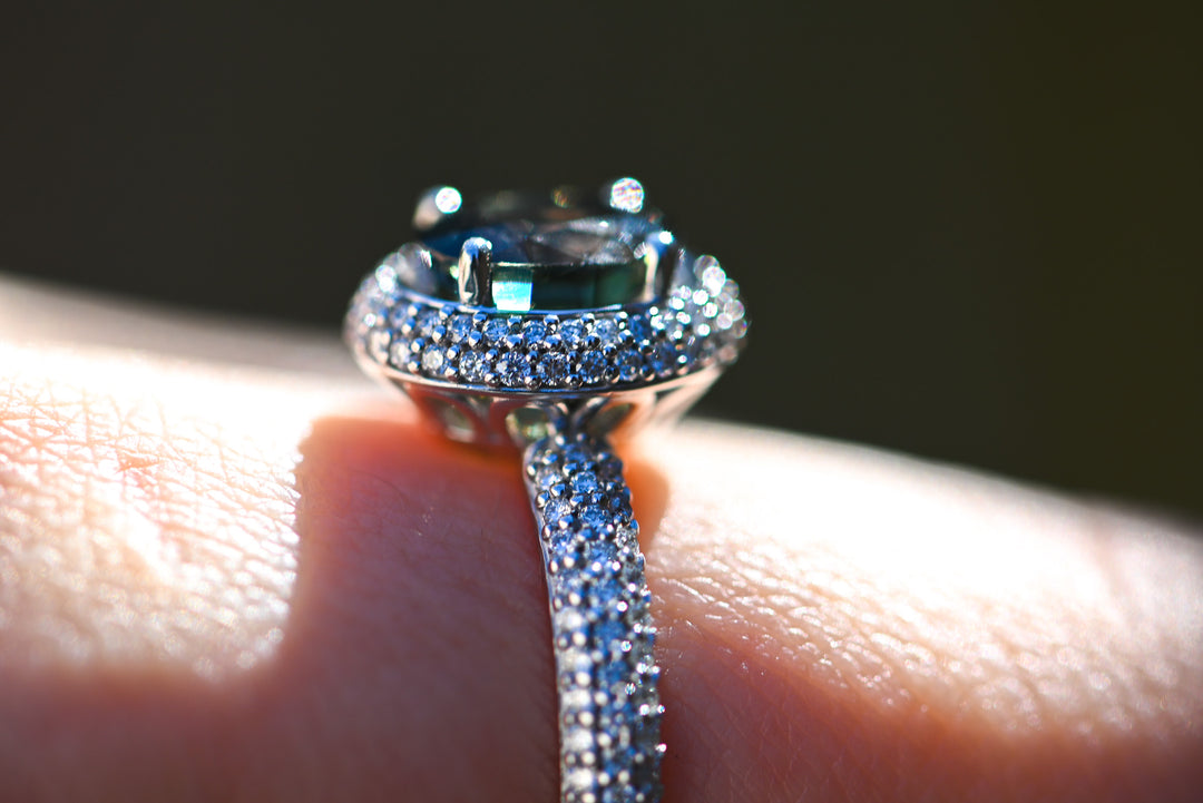 Green Sapphire & Diamond Halo White Gold Ring