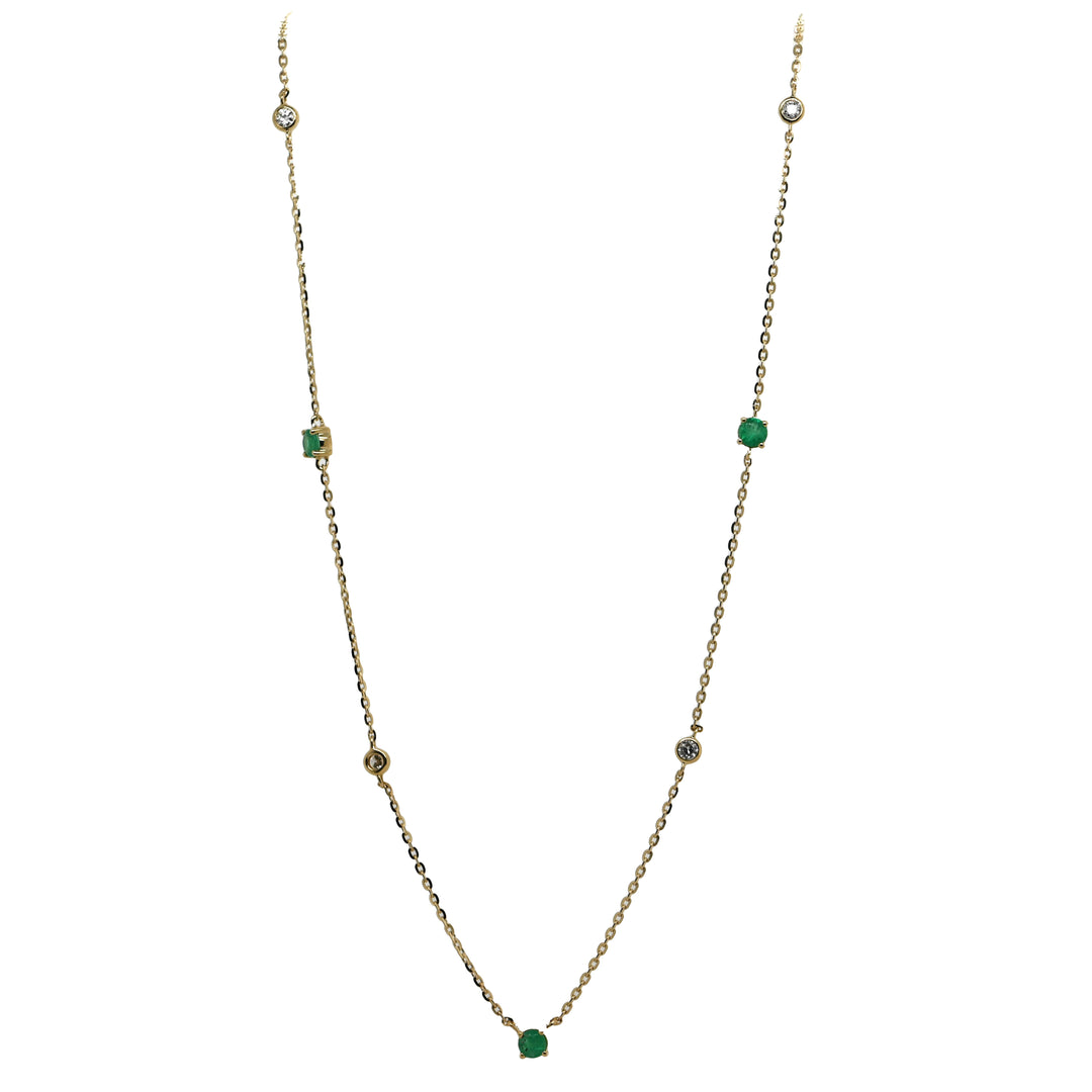 Emerald & Diamond Yellow Gold Necklace with Adjustable Rolo Chain