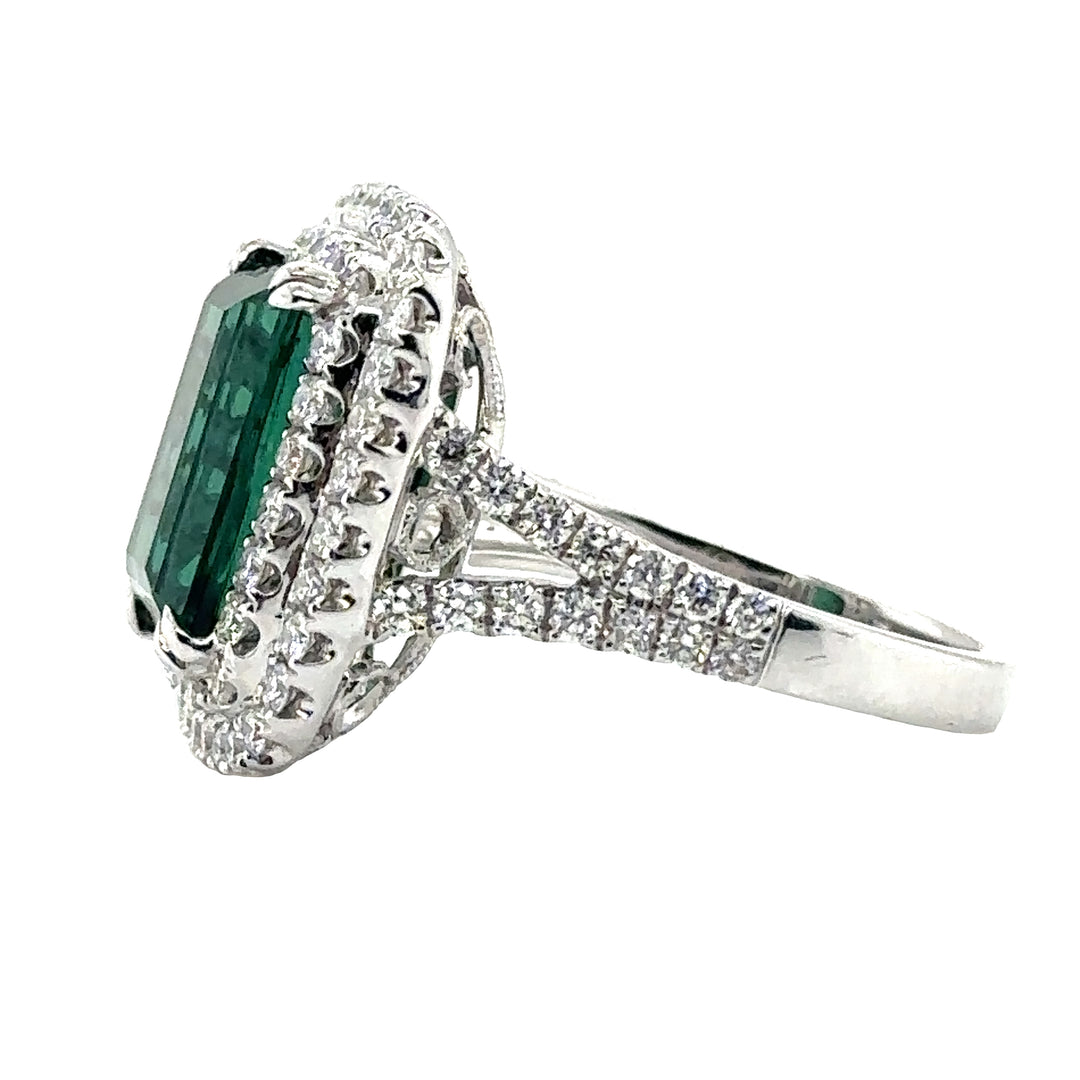 18K White Gold Green Tourmaline with Double Diamond Halo and Split Shank