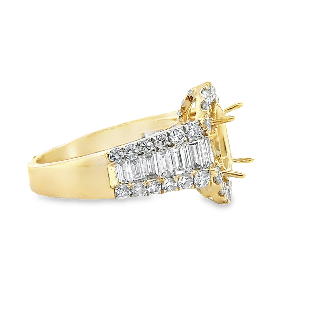 Yellow Gold Diamond Halo with Baguettes Semi-Mount Ring