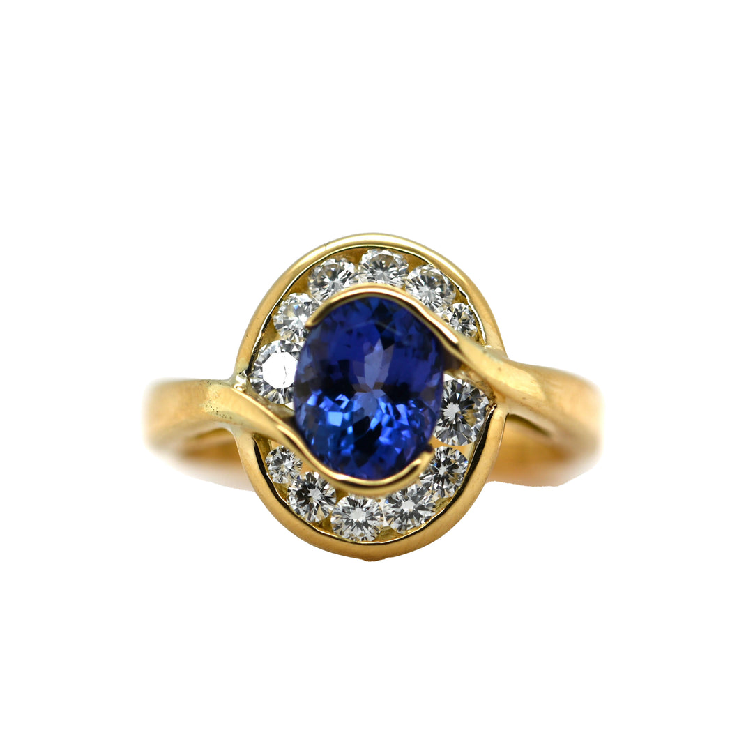 18K Gold Channel Set Natural Round Diamonds with Oval Tanzanite Ring