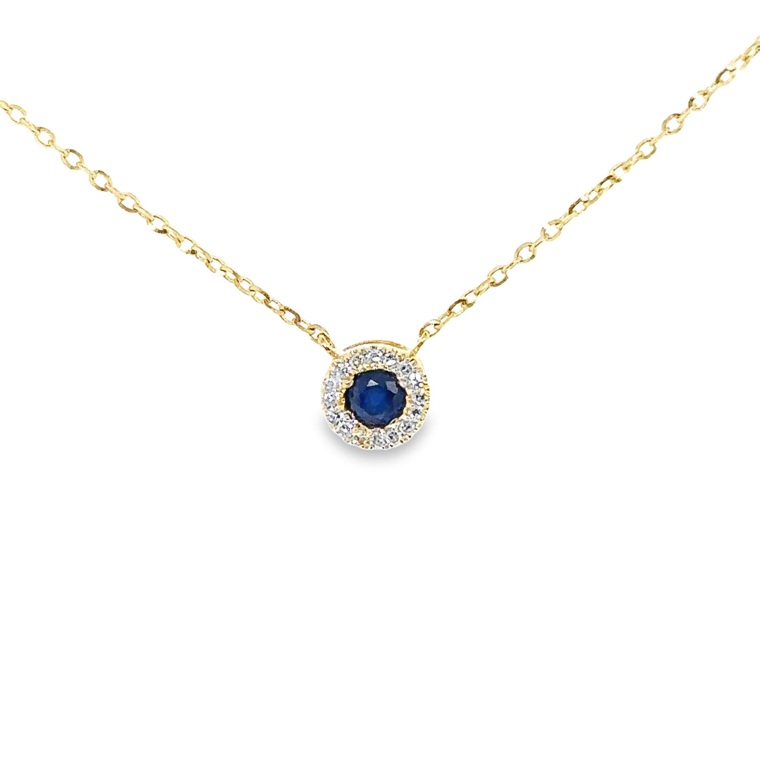 Blue Sapphire & Diamond Halo Yellow Gold Necklace