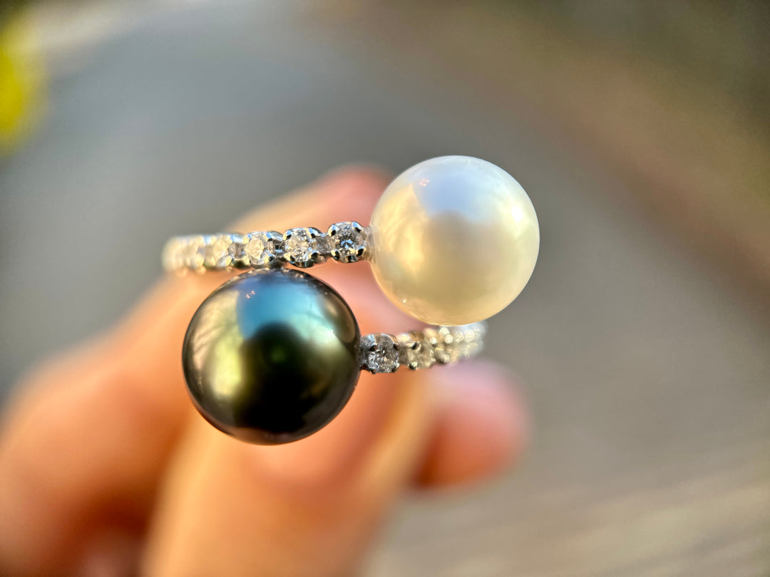 Tahitian Pearl & Diamond White Gold By-Pass Ring