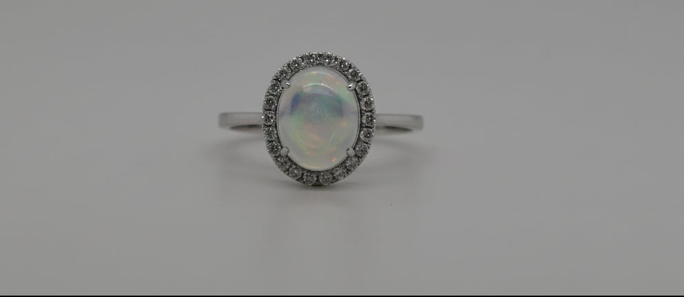 White Gold Opal with Diamond Halo Ring