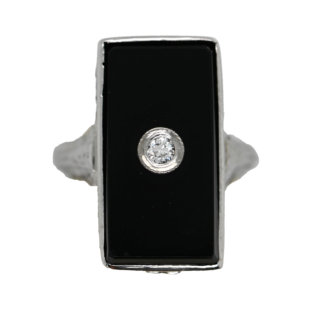 White Gold Filagree Rectangular Black Onyx & Diamond Ring