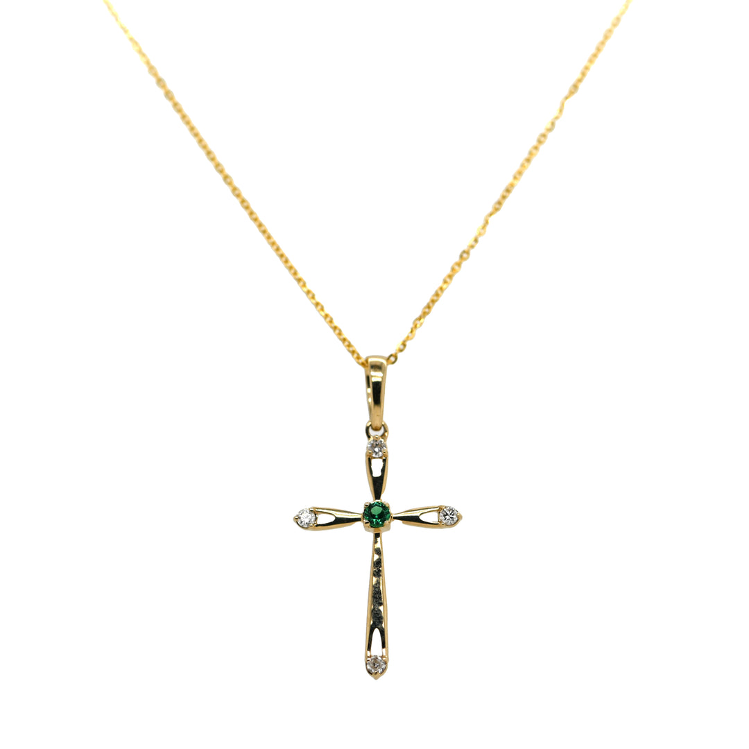 Emerald & Diamond Yellow Gold Cross Pendant with Adjustable Rolo Chain