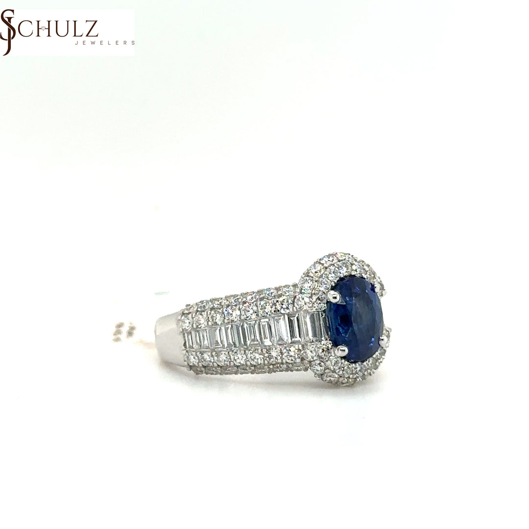 Blue Sapphire & Diamond Oval Halo Ring