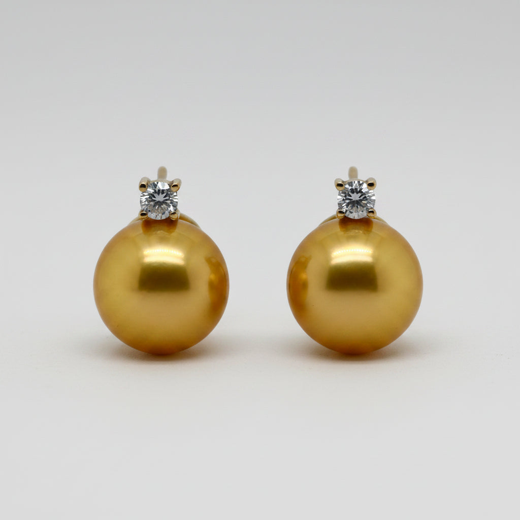 18K South Sea "Golden" Pearl Diamond Accent Omega Back Earrings