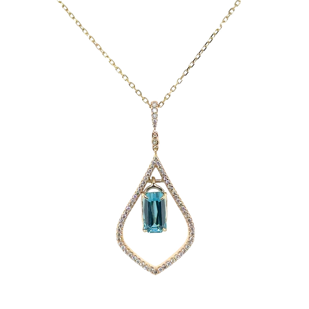 Blue Zircon & Diamond Organic Yellow Gold Pendant