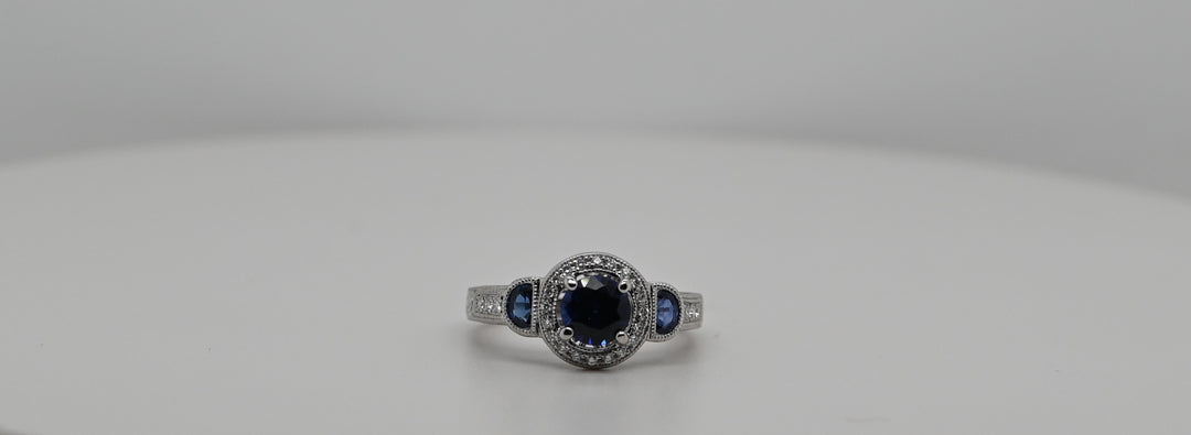 White Gold Diamond Halo with Sapphire Semi-Mount Ring