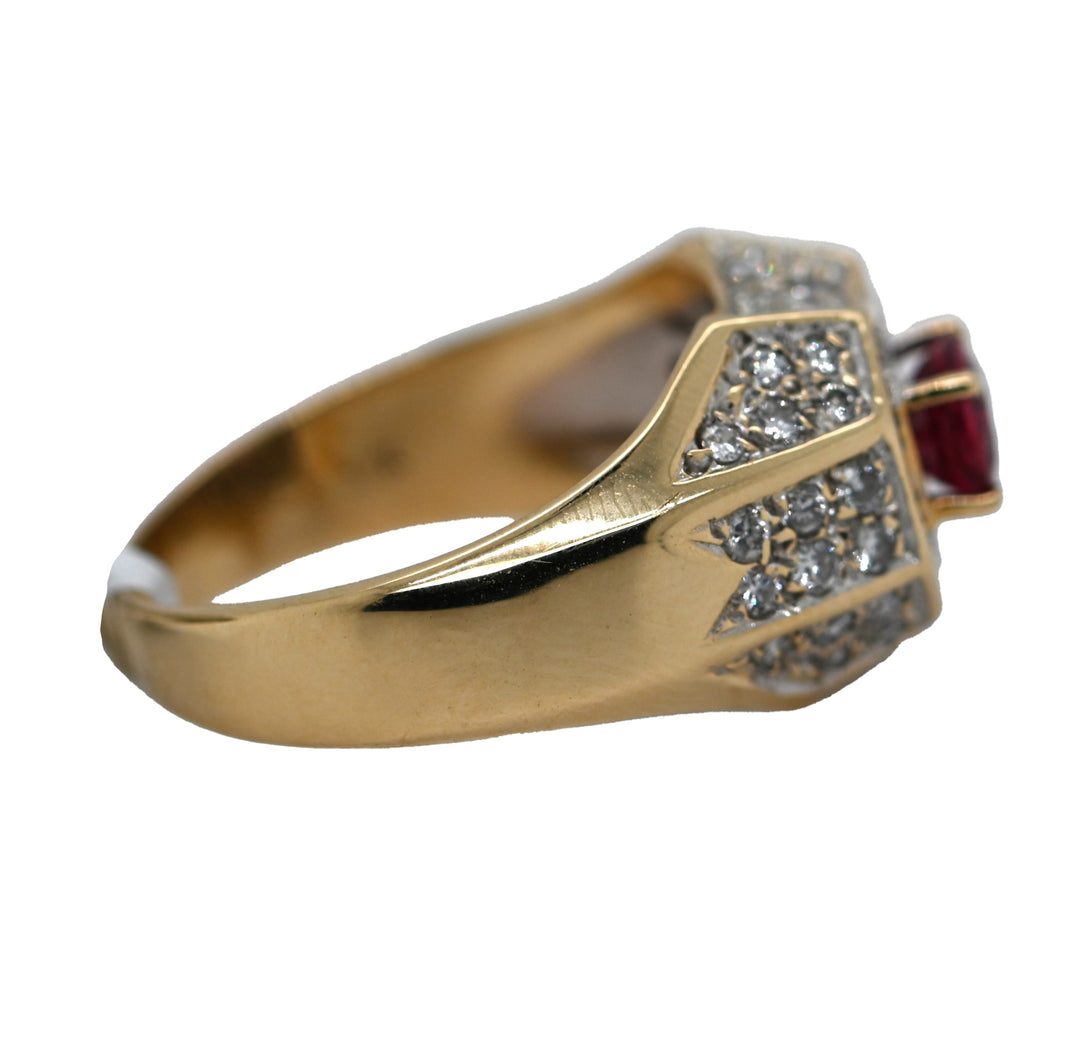 18K Yellow Gold Geometric Cathedral Mount Diamond & Rhodalite Ring