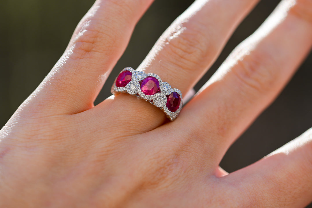 Ruby & Diamond Three Stone Oval Anniversary Band