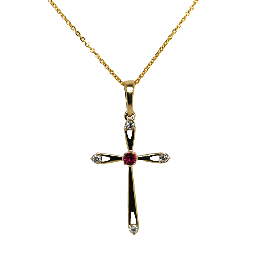 Ruby & Diamond Yellow Gold Cross Pendant with Adjustable Rolo Chain