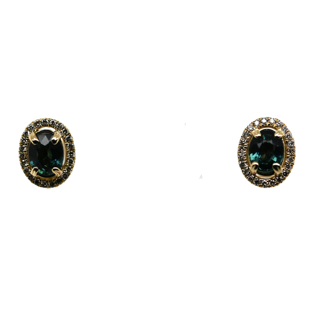 Natural Green Sapphire with Diamond Halo Stud Earrings