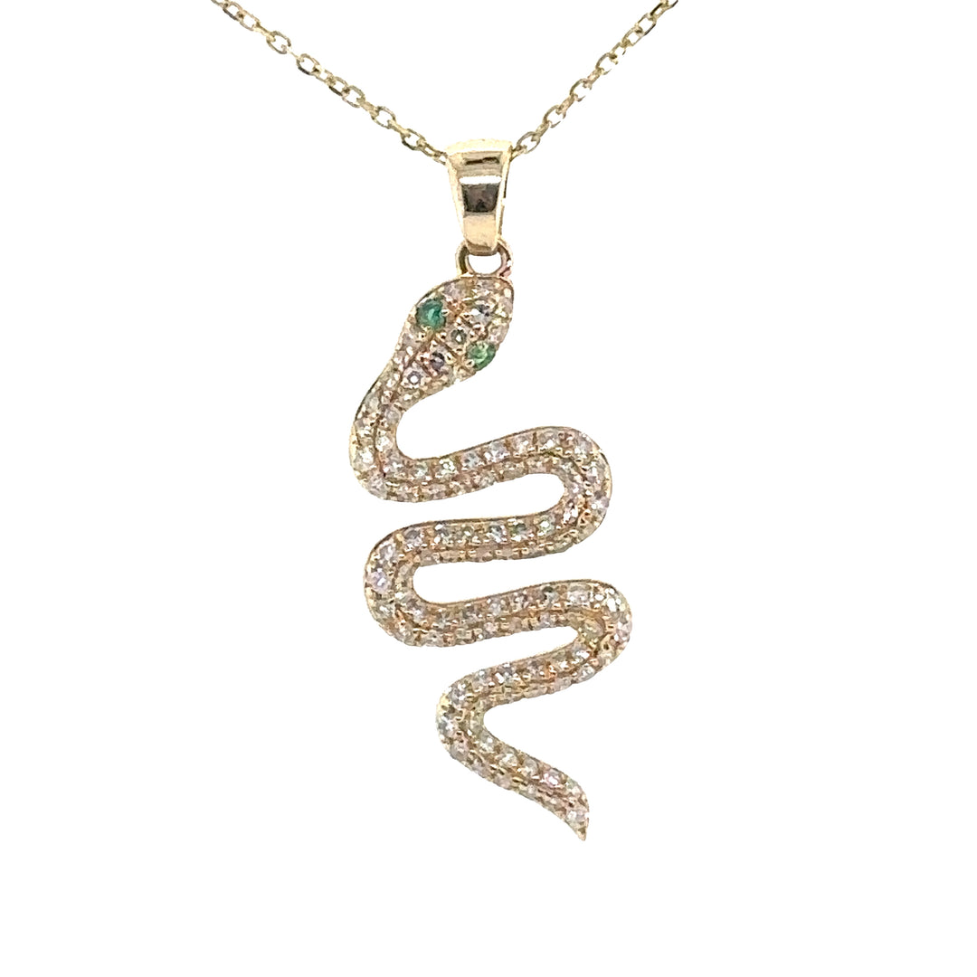 Yellow Gold Diamond & Emerald Snake Pendant