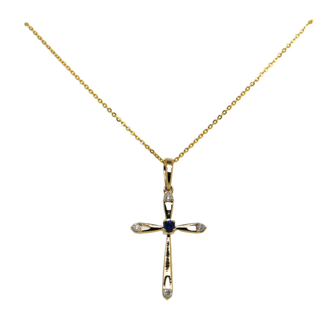 Blue Sapphire & Diamond Yellow Gold Cross Pendant with Adjustable Rolo Chain