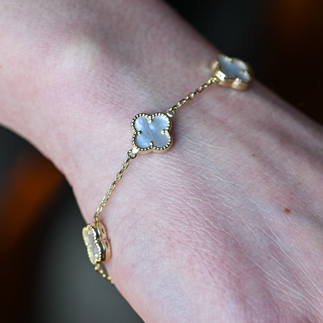 Yellow Gold Mother of Pearl Clover Adjustable Bracelet