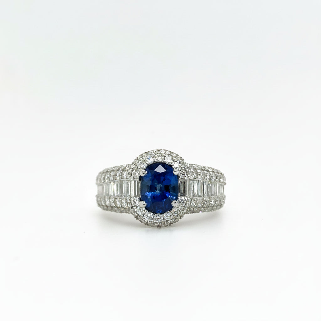 Blue Sapphire & Diamond Oval Halo Ring