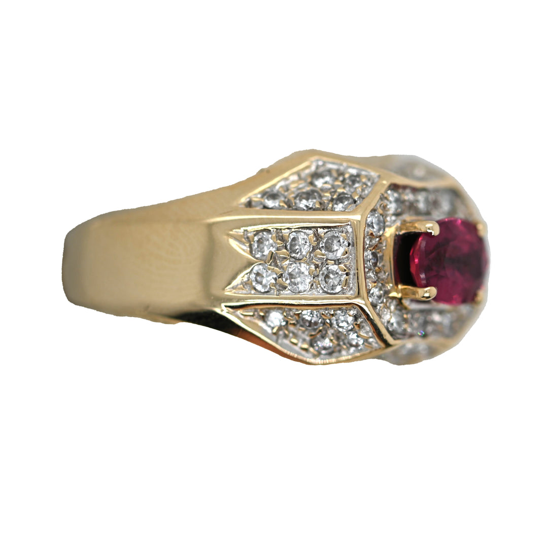 18K Yellow Gold Geometric Cathedral Mount Diamond & Rhodalite Ring